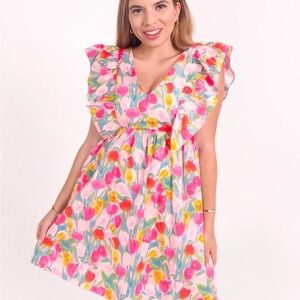 Floral V-Neck Dress with Ruffle Sleeves